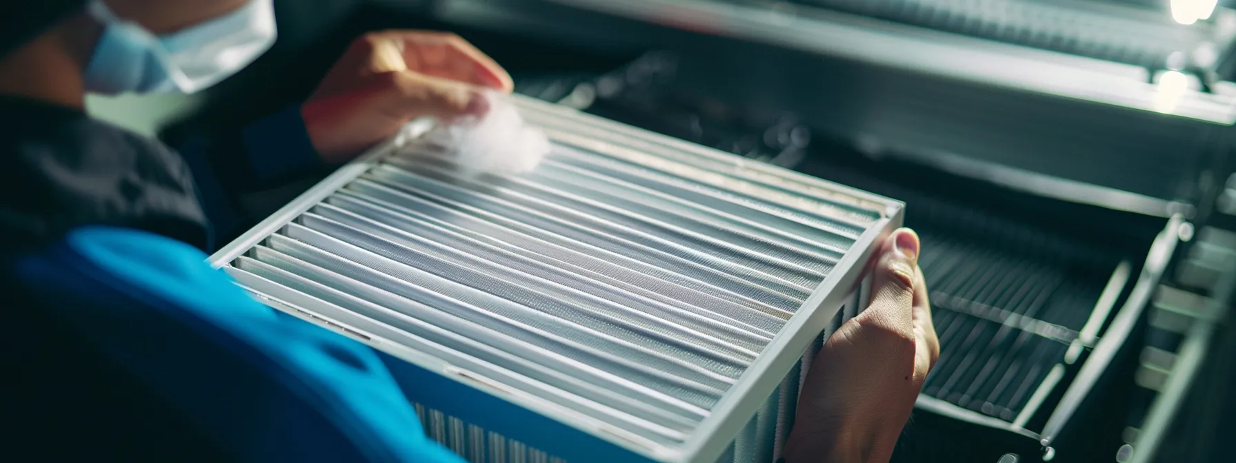 a person holding a clean, high-efficiency air filter, ready to replace it in the hvac system.