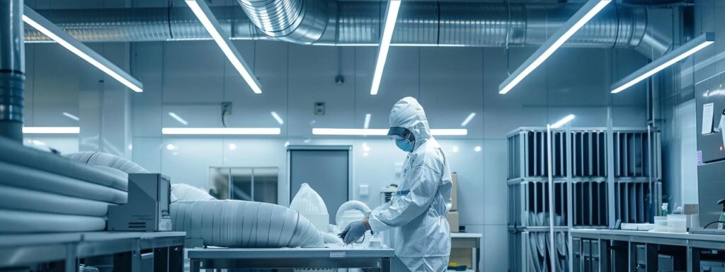 a pristine, modern office environment showcases a technician in protective gear expertly cleaning an industrial duct system, surrounded by sleek equipment and bright overhead lighting, emphasizing the importance of professional duct cleaning services.