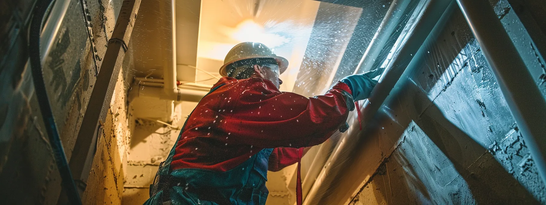 a professional cleaner using high-pressure tools to remove dirt from a duct, ensuring improved indoor air quality.