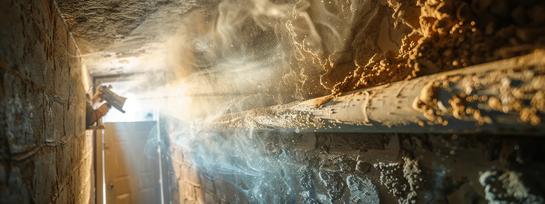 a professional cleaning technician removing dust and debris from a duct system, revealing a clear pathway for clean air circulation in a well-lit savannah home.