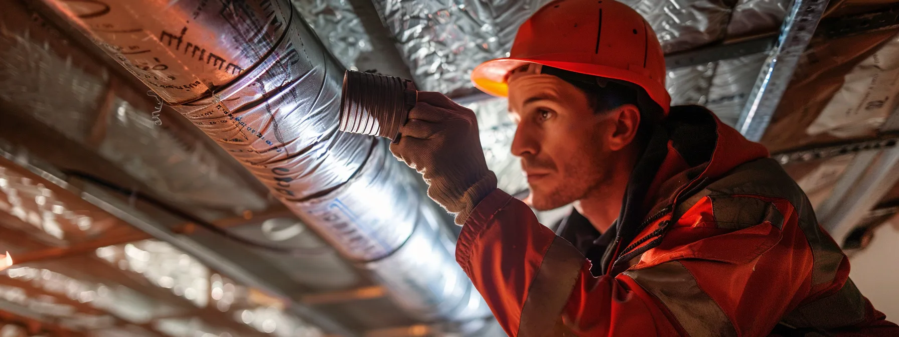 a professional technician applying metal tape to seal a leak on a ductwork, ensuring efficient hvac performance.