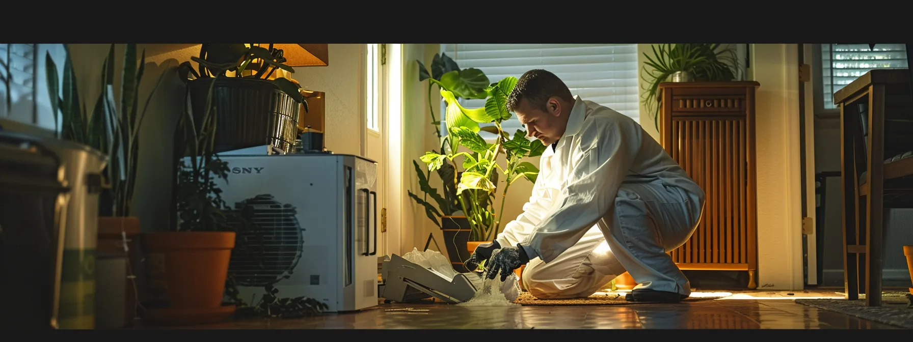 a professional technician in a white jumpsuit using advanced equipment to clean ducts in a clean and well-lit home in savannah.