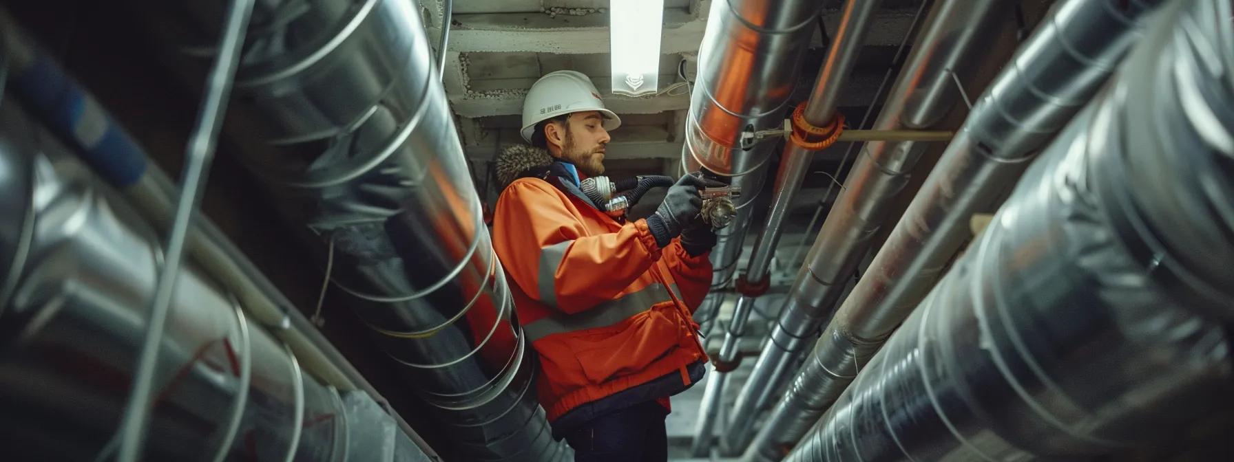 a professional technician inspects a complex network of residential ductwork in a modern basement, using high-tech equipment to assess air quality while highlighting signs of contamination and mold growth.