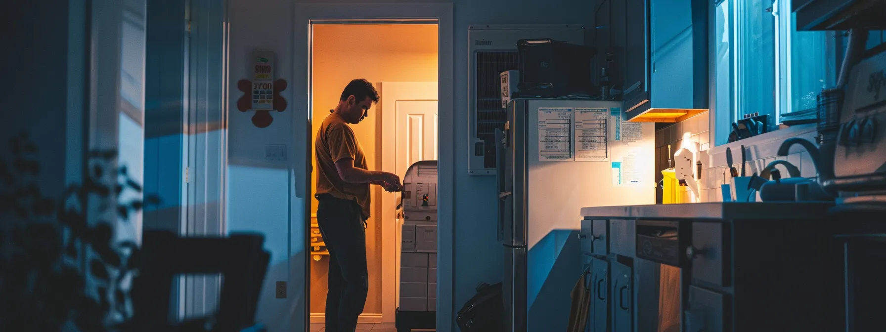 a professional technician performing maintenance on a clean, well-maintained hvac system in a brightly lit home.