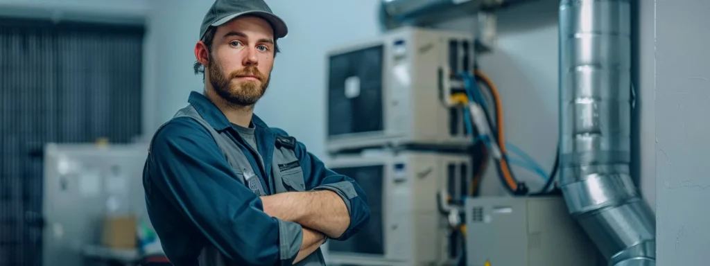 a skilled hvac technician standing confidently in front of a pristine, high-tech air conditioning unit.