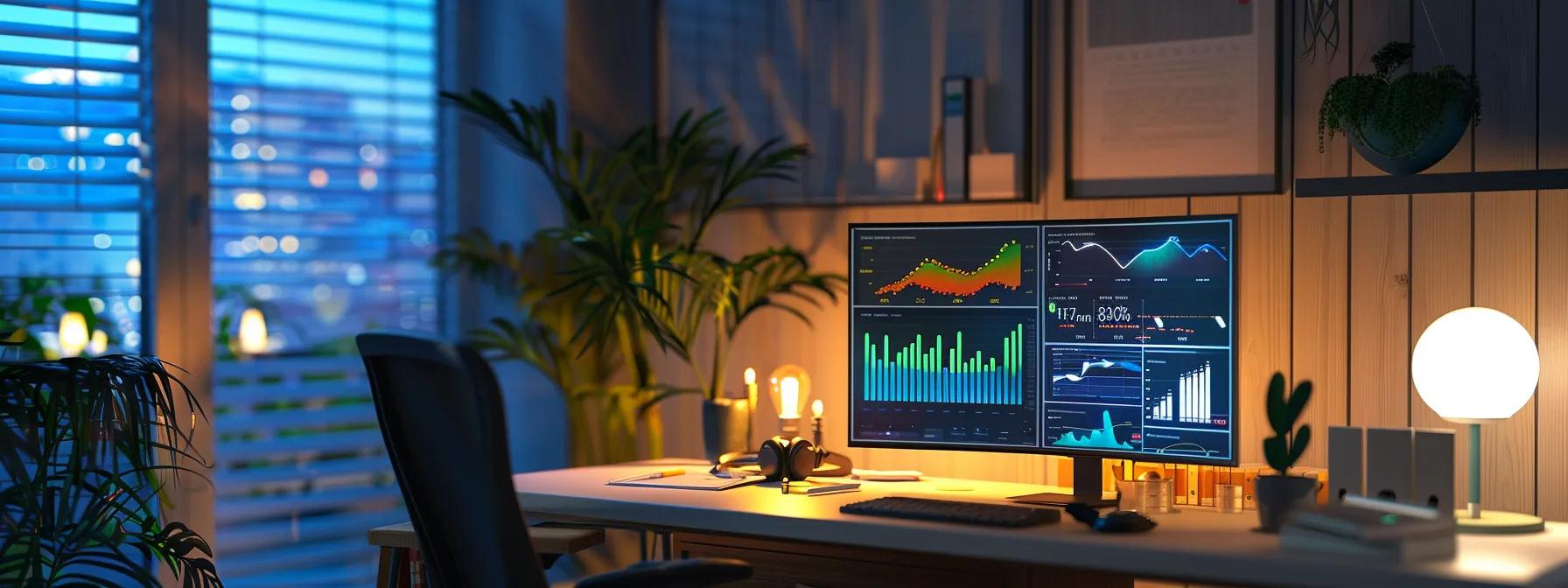 a sleek, modern home office features a high-tech energy monitor on the wall displaying colorful graphs and data trends, highlighting energy consumption patterns in a bright, well-lit environment.