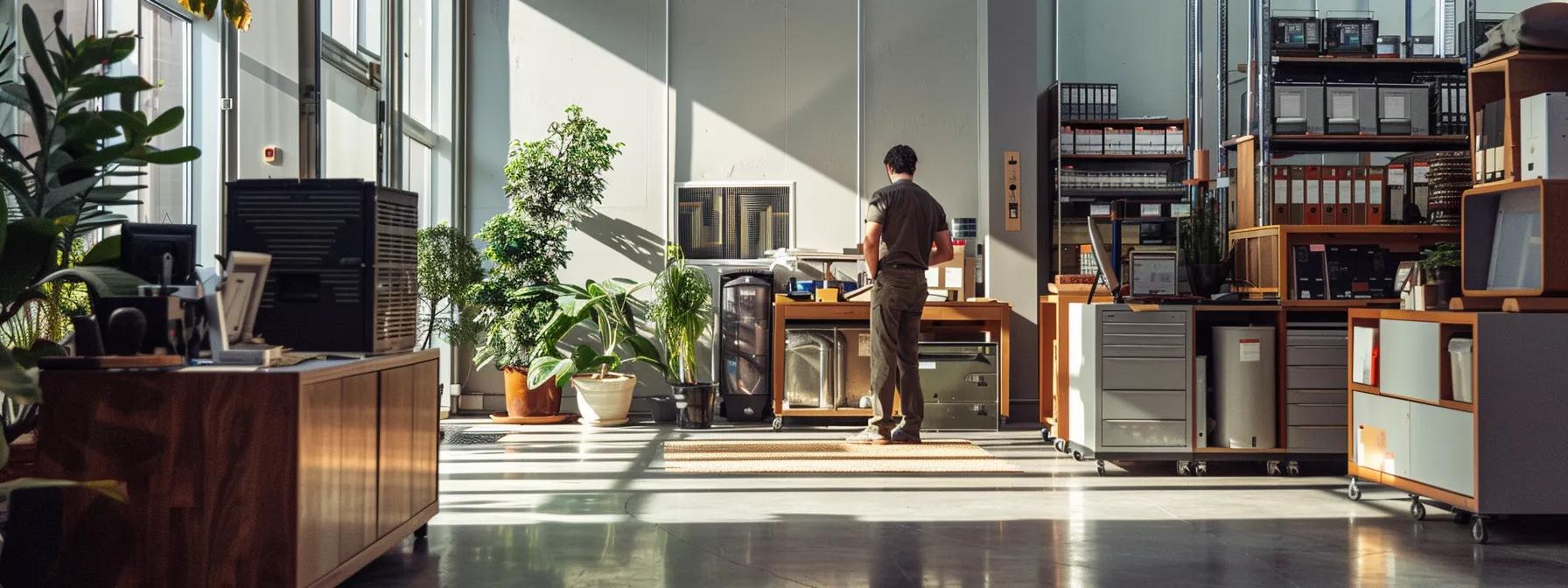 a sleek, modern office setting features a technician meticulously inspecting a high-efficiency furnace, emphasizing the critical nature of professional installation for safety and performance in a bustling savannah environment.