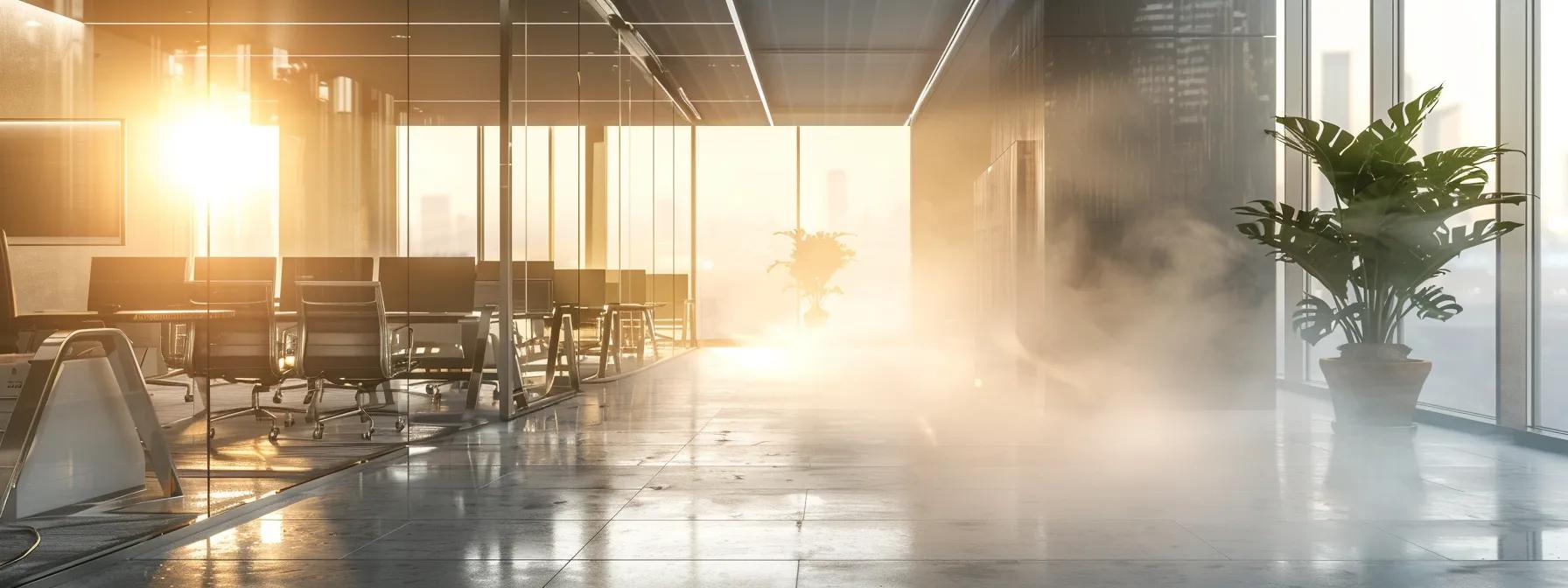 a sleek, modern office space features a high-tech hvac system visibly improving air circulation, with mist subtly arising from an air vent, symbolizing enhanced ventilation while promoting a mold-free environment.