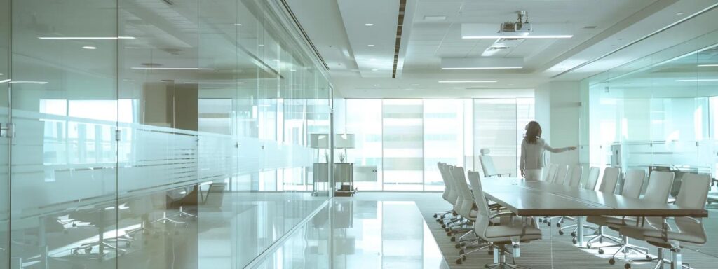 a sleek, modern office space in savannah, ga, features an hvac technician inspecting advanced climate control equipment, underscored by an array of compliance documents and guidelines displayed prominently on a clear glass conference table, illuminated by bright, focused overhead lighting.
