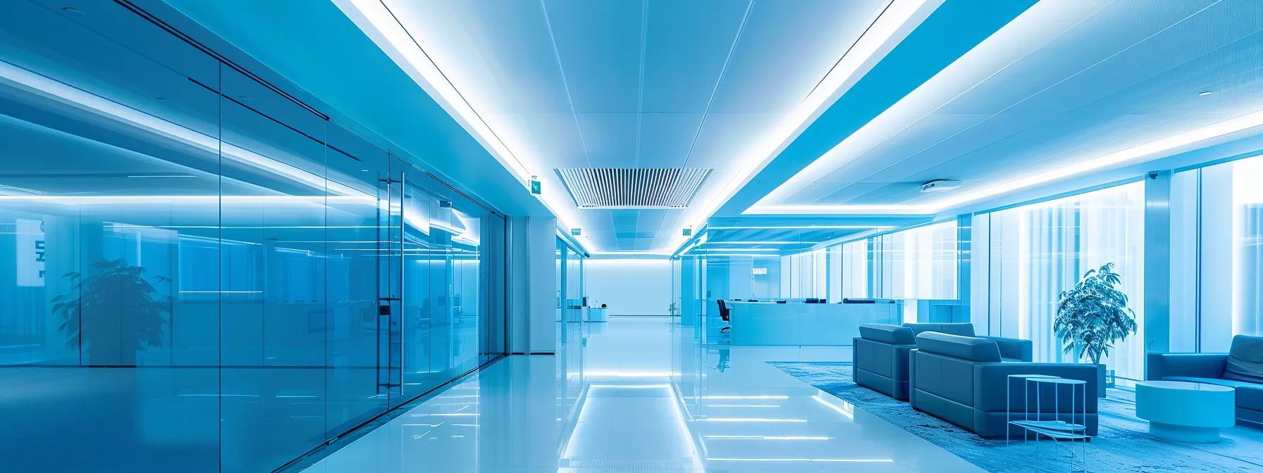 a sleek, modern office space showcases a high-tech air filtration system prominently displayed, with clear blue and white hues emphasizing the importance of enhanced air quality for health and productivity.