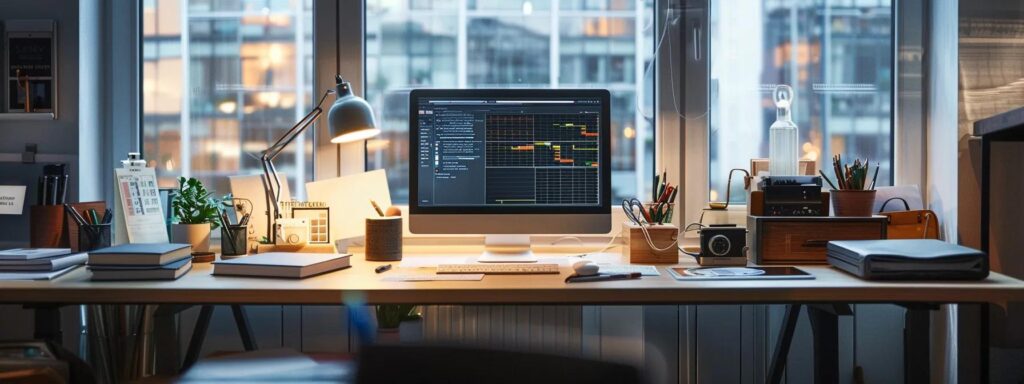 a sleek, modern office workspace showcases a meticulously organized diy ac maintenance station, complete with essential tools and a detailed checklist prominently displayed on a polished desk under soft, focused lighting.