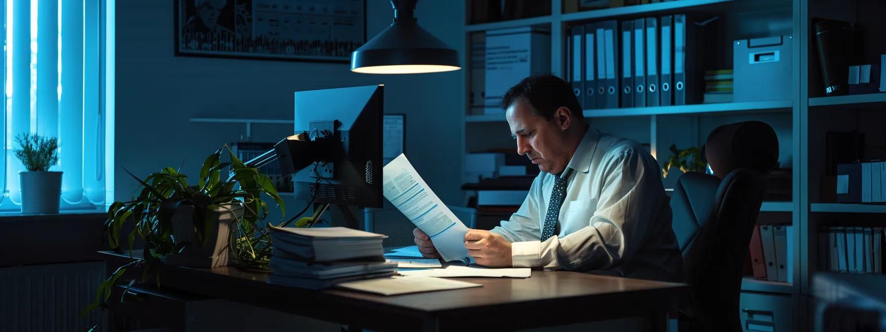 a solemn office environment featuring a concerned homeowner reviewing hvac compliance documents, illuminated by harsh fluorescent lighting, highlighting the gravity of potential legal penalties.