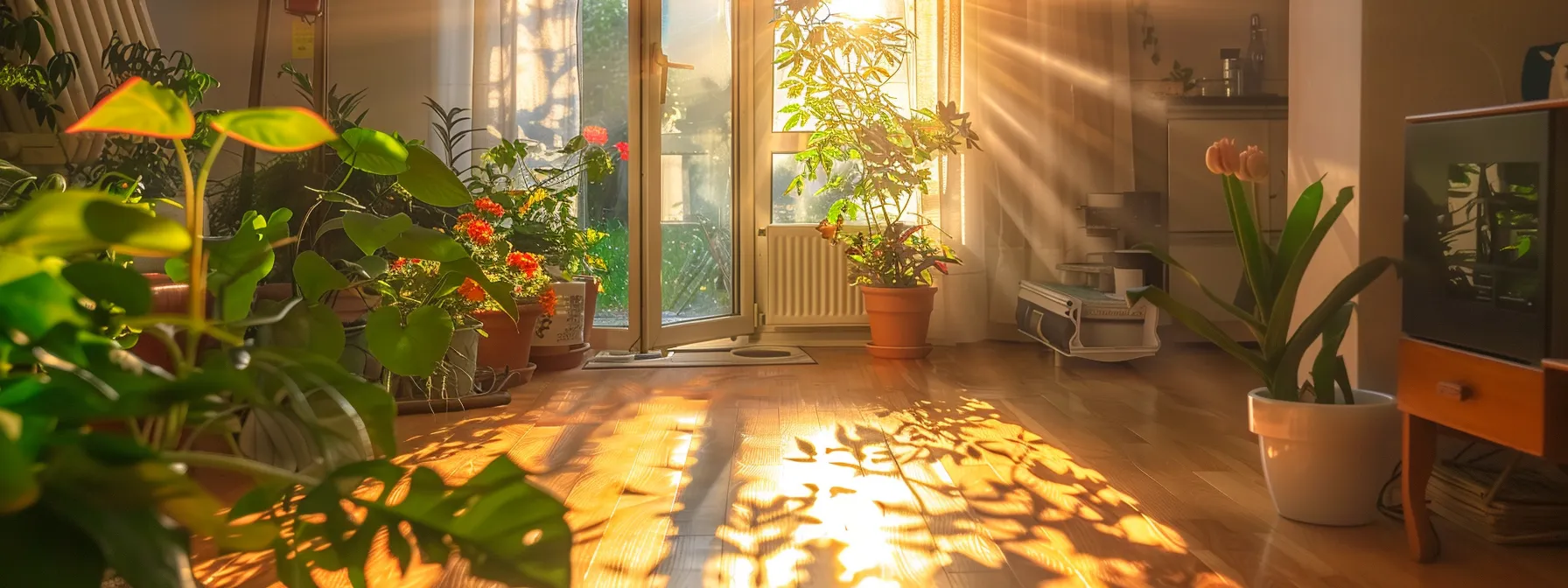 a sunlit room with a gleaming air duct vent, surrounded by plants and air purifiers, showcasing a clean and healthy indoor environment.