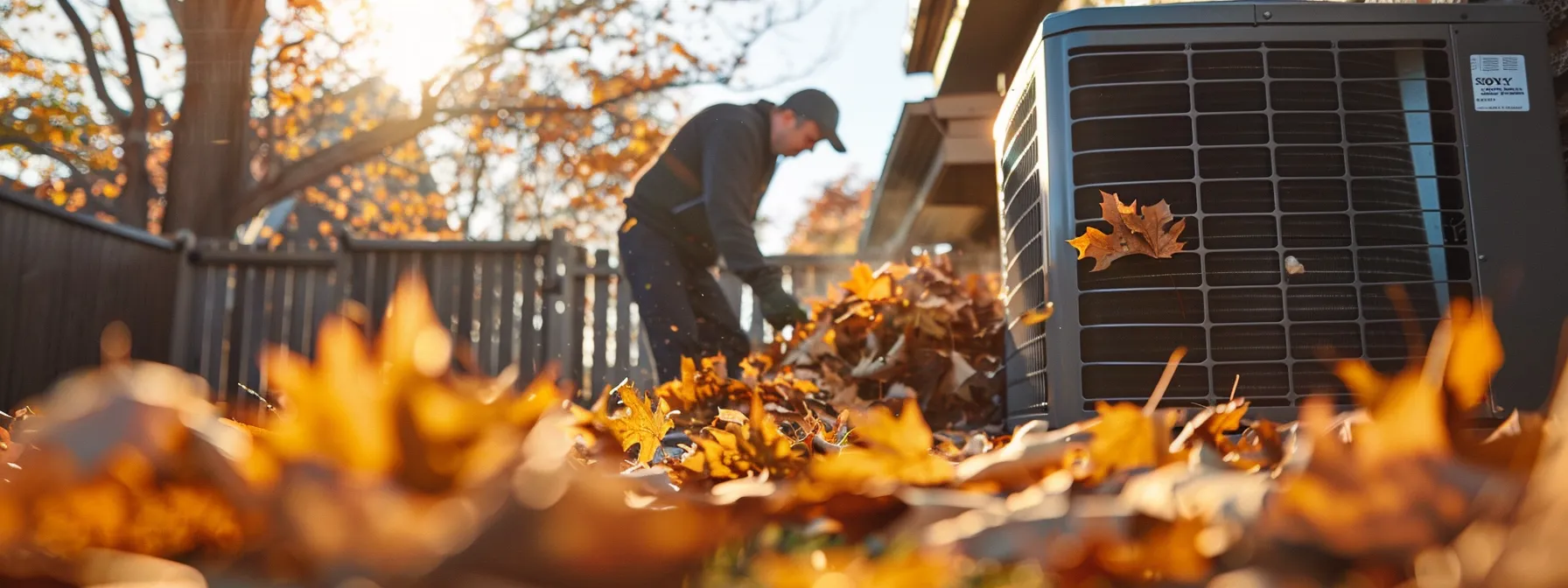 a technician clearing fallen leaves and debris from around an outdoor hvac unit on a sunny day.