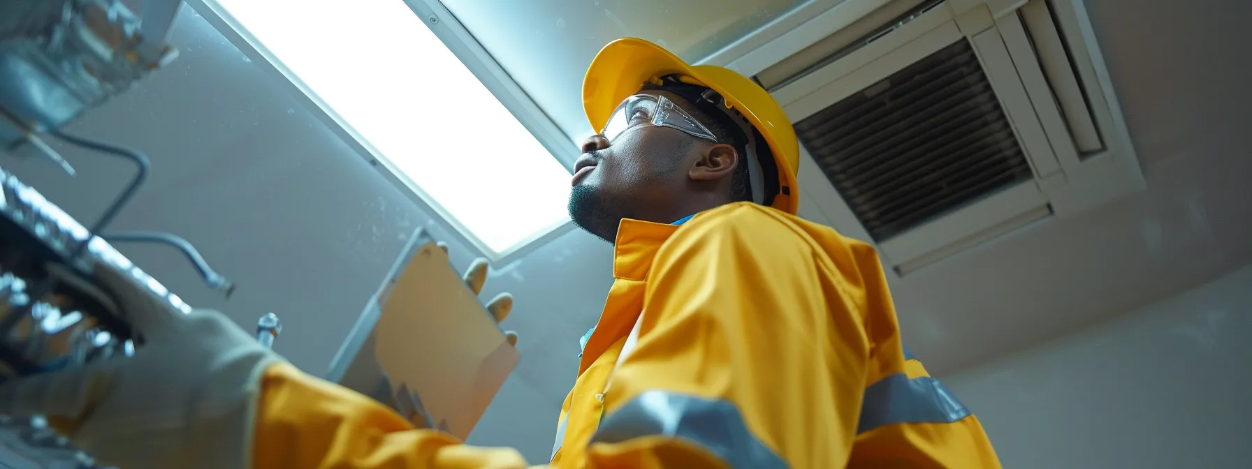 a technician in a bright yellow uniform thoroughly inspecting a clean air duct in a well-lit room in savannah.