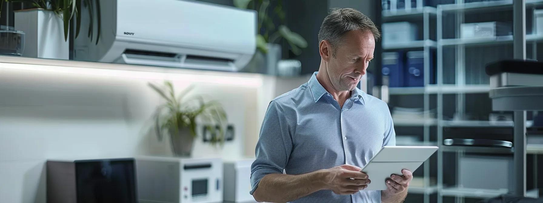 a technician in a modern, well-lit office environment inspects a sleek air conditioning unit, surrounded by technical equipment and a detailed service checklist on a digital tablet, showcasing the meticulous process of an ac checkup appointment.