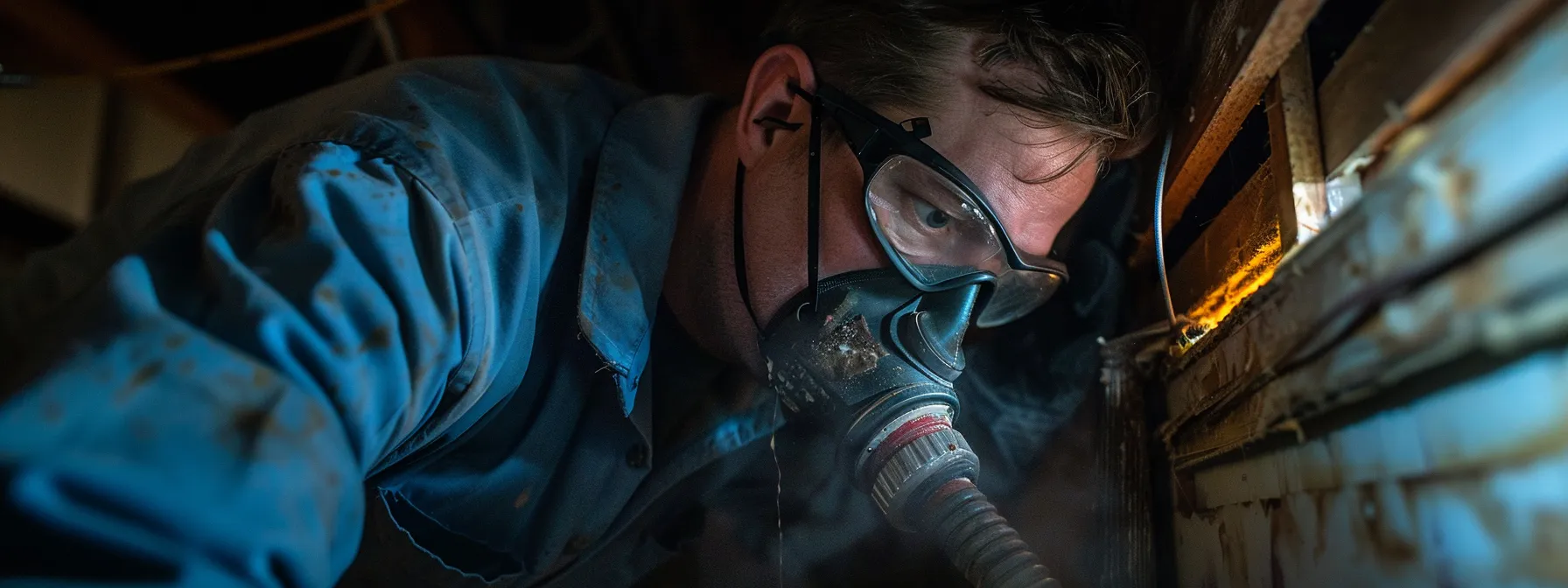 a technician in a savannah home, wearing a mask, using specialized equipment to clean a dusty air duct, ensuring improved indoor air quality.