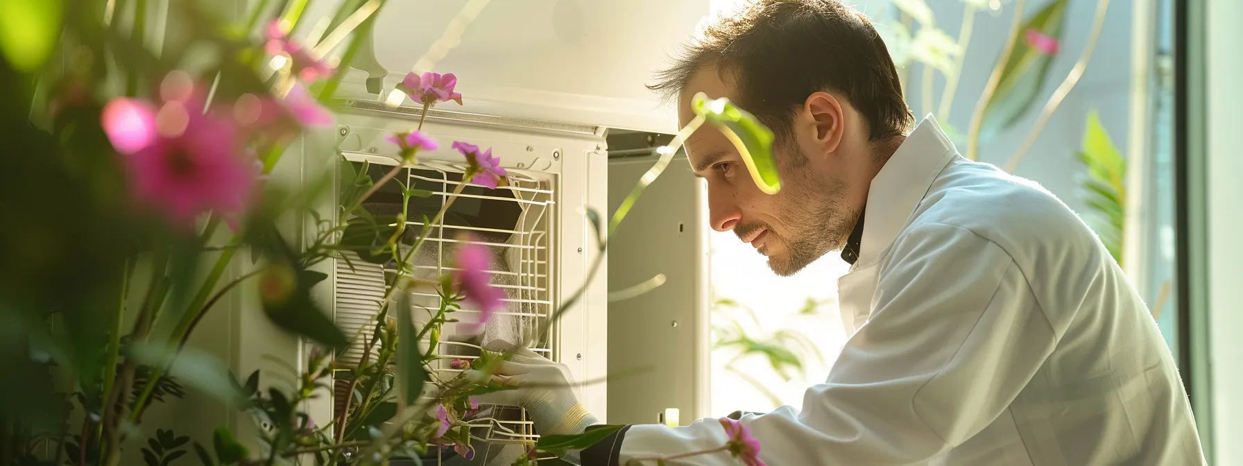 a technician in a white uniform carefully cleaning the ducts of a modern hvac system in a sunlit room in savannah, surrounded by blooming flowers outside the window.