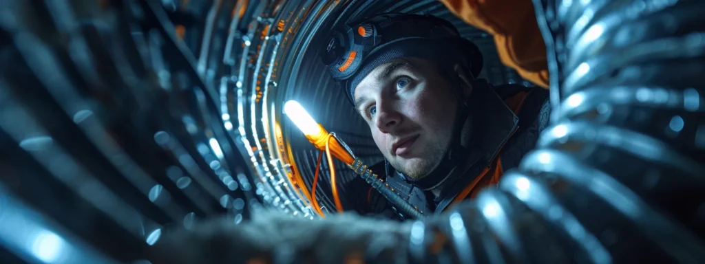 a technician inspecting a clean, shiny duct system to prevent mold growth.