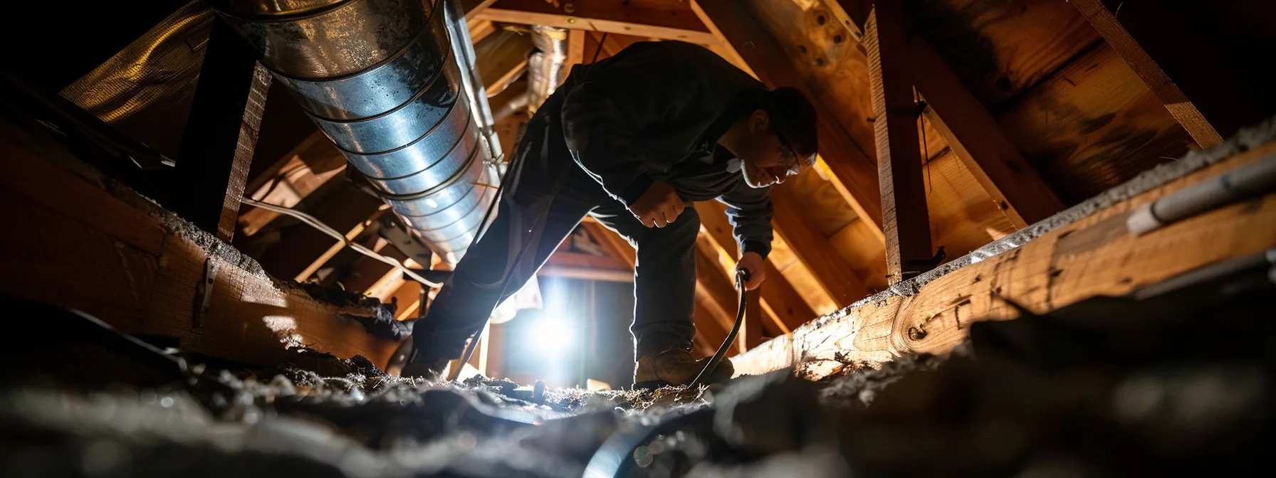 a technician inspecting a leaking duct in a dimly lit attic, highlighting the hvac system's energy efficiency struggles.