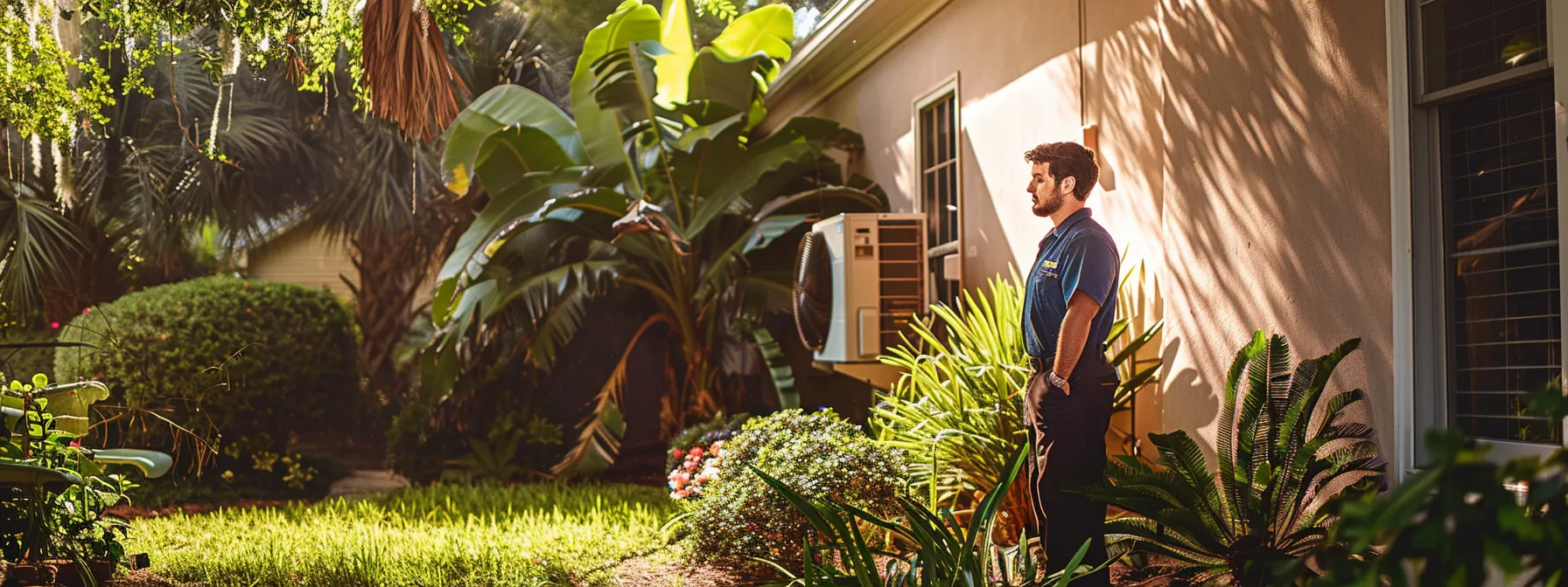 a technician inspecting a well-maintained hvac system in a coastal savannah home, surrounded by lush greenery under the hot sun.