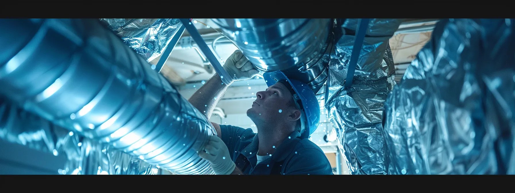 a technician inspecting hvac ducts for mold growth, surrounded by ventilation equipment and moisture control systems.