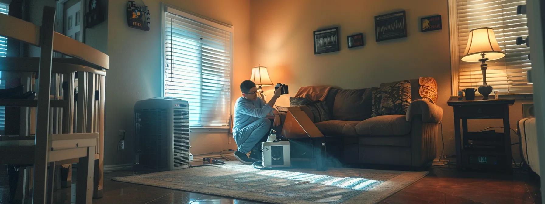 a well-lit home setting showcases a person attentively preparing for duct cleaning, with an hvac system turned off and safety precautions evident, emphasizing the importance of safety and caution during diy procedures.