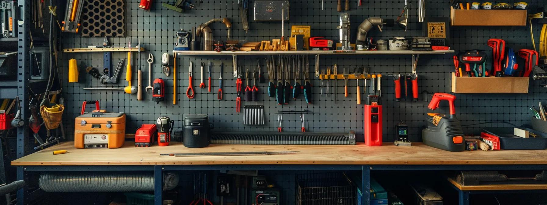 a well-organized indoor workshop showcases a powerful vacuum cleaner with specialized attachments, brushes, and safety gear neatly arranged on a sturdy workbench, emphasizing the importance of having the right tools for effective diy duct maintenance.