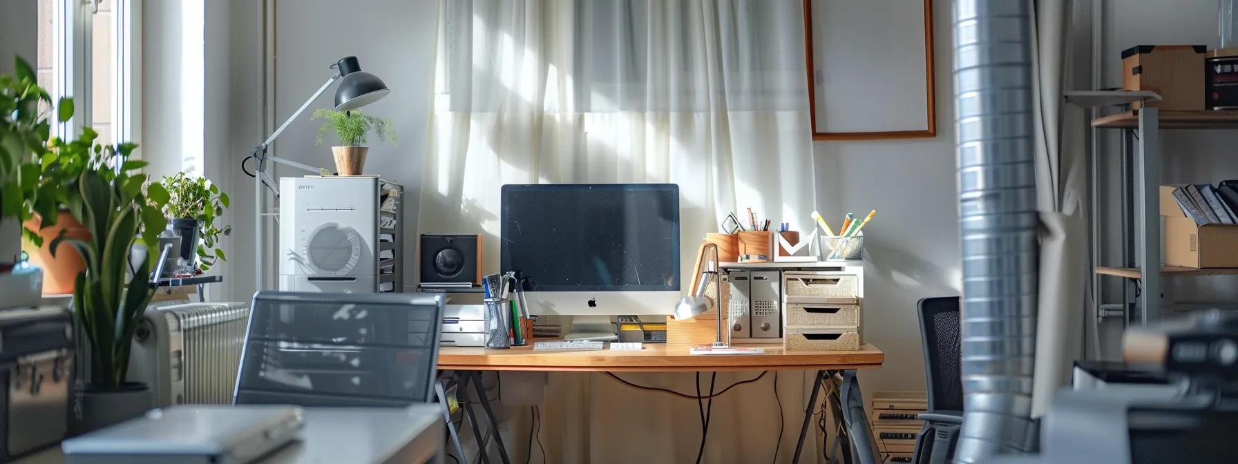 a well-organized home office, with a temporary barrier set up around duct cleaning equipment, emphasizes the need for careful planning and minimal disruption amidst a bustling environment, showcasing a balance between necessary maintenance and daily routines.
