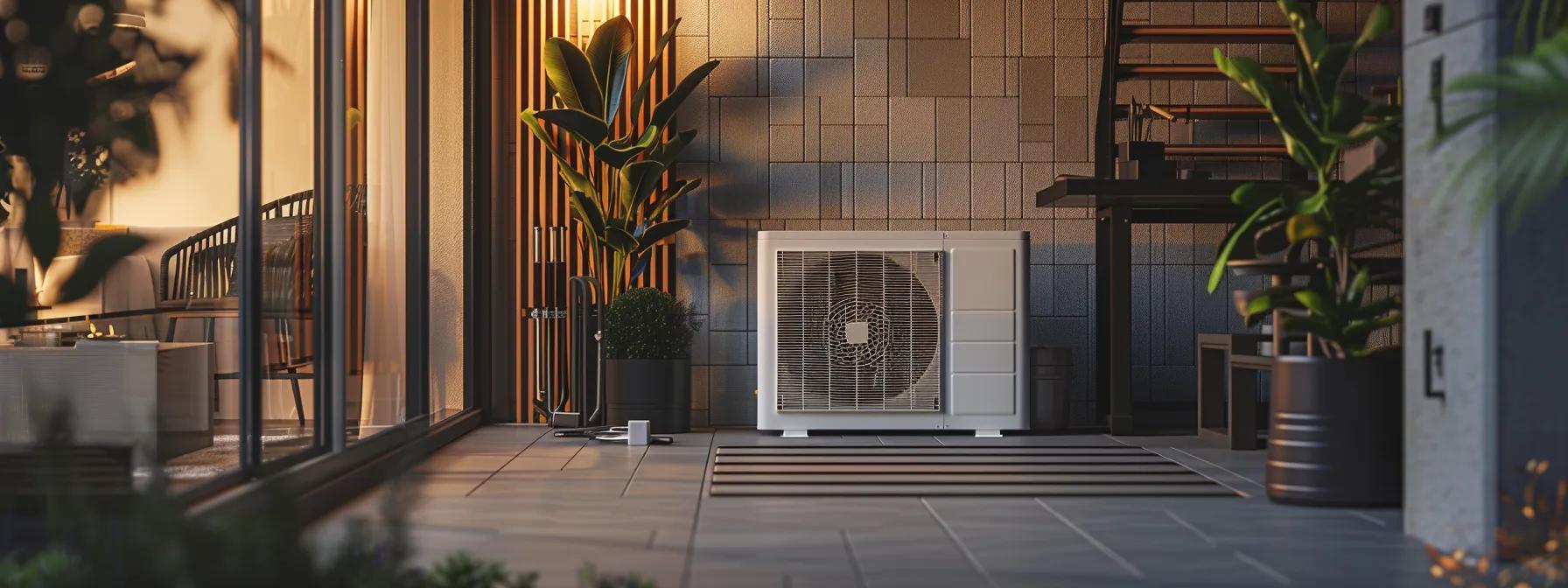 a well-maintained outdoor ac unit stands on a neatly paved patio, surrounded by a clean, organized workspace with tools and equipment ready for diy maintenance, under bright, artificial lighting that highlights its structure against the backdrop of a modern urban setting.