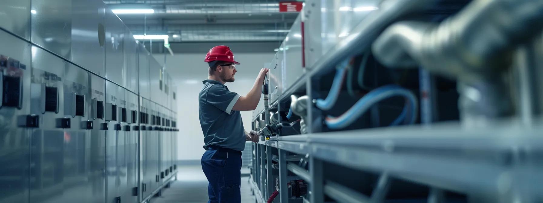 a well-organized indoor hvac maintenance workshop featuring a technician inspecting a sleek, modern air conditioning unit under bright, focused lighting, emphasizing precision and compliance in service quality.