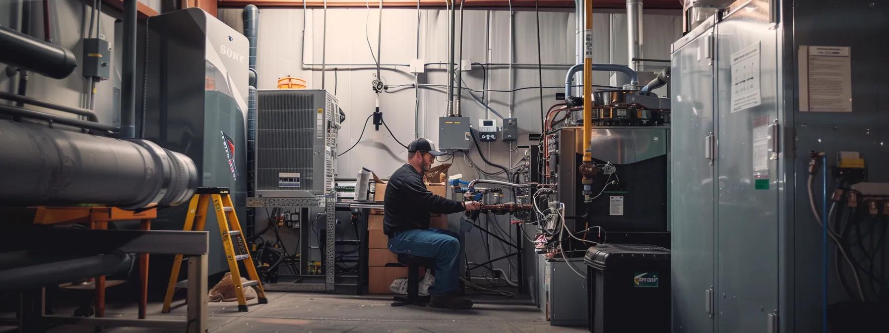 a well-lit, meticulously organized indoor workspace features a technician inspecting a newly installed furnace, surrounded by safety equipment and detailed schematics, highlighting the importance of cautious and professional installation practices.