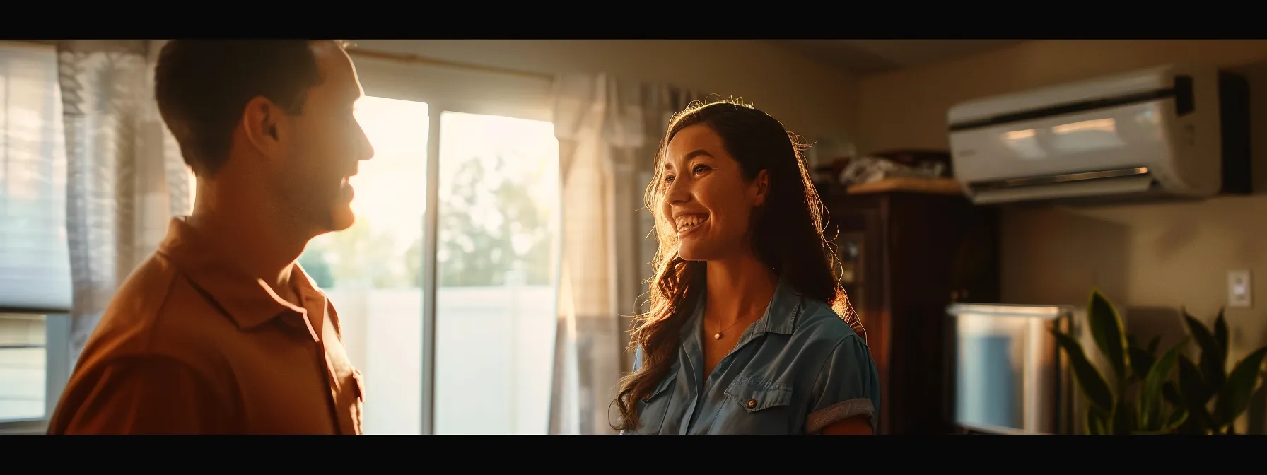 woman talking to an air duct technician inside a home