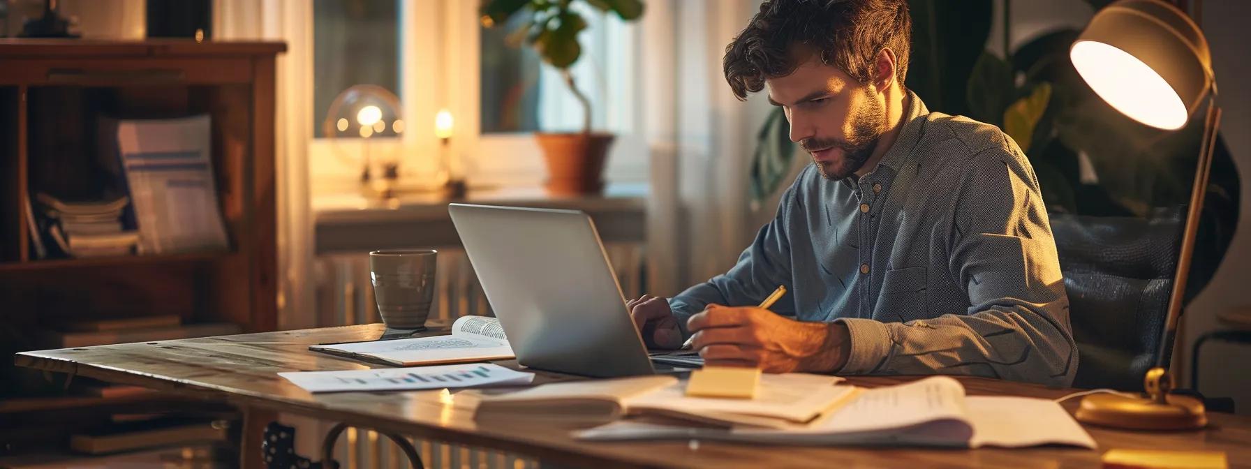 an engaged homeowner reviews multiple air conditioning repair service estimates at a sleek, modern office desk, surrounded by a laptop, professional brochures, and a notepad, illuminated by warm artificial lighting that conveys a sense of professionalism and reliability.