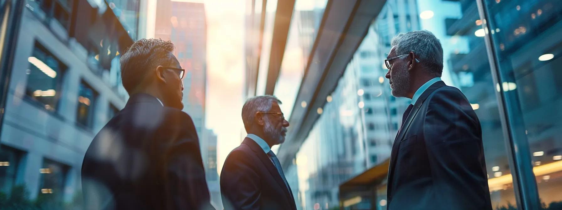 an imposing city office building looms in the background as a serious discussion unfolds between local officials, emphasizing the crucial enforcement of hvac compliance codes amid the urban landscape.