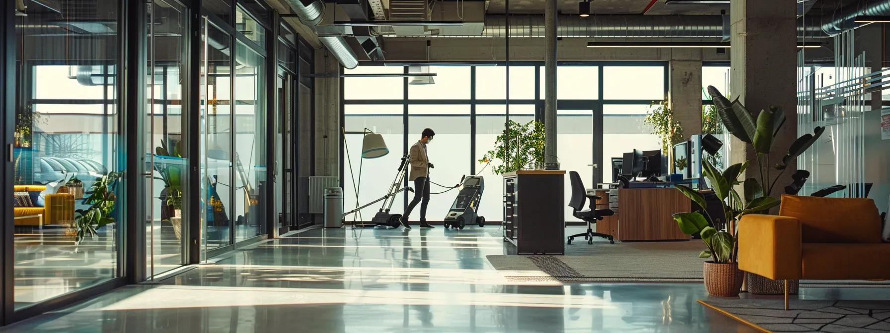 an industrial-style office space showcases a professional in action, expertly using a vacuum cleaner with specialized attachments to thoroughly clean accessible duct openings, emphasizing a commitment to indoor air quality and hvac efficiency.
