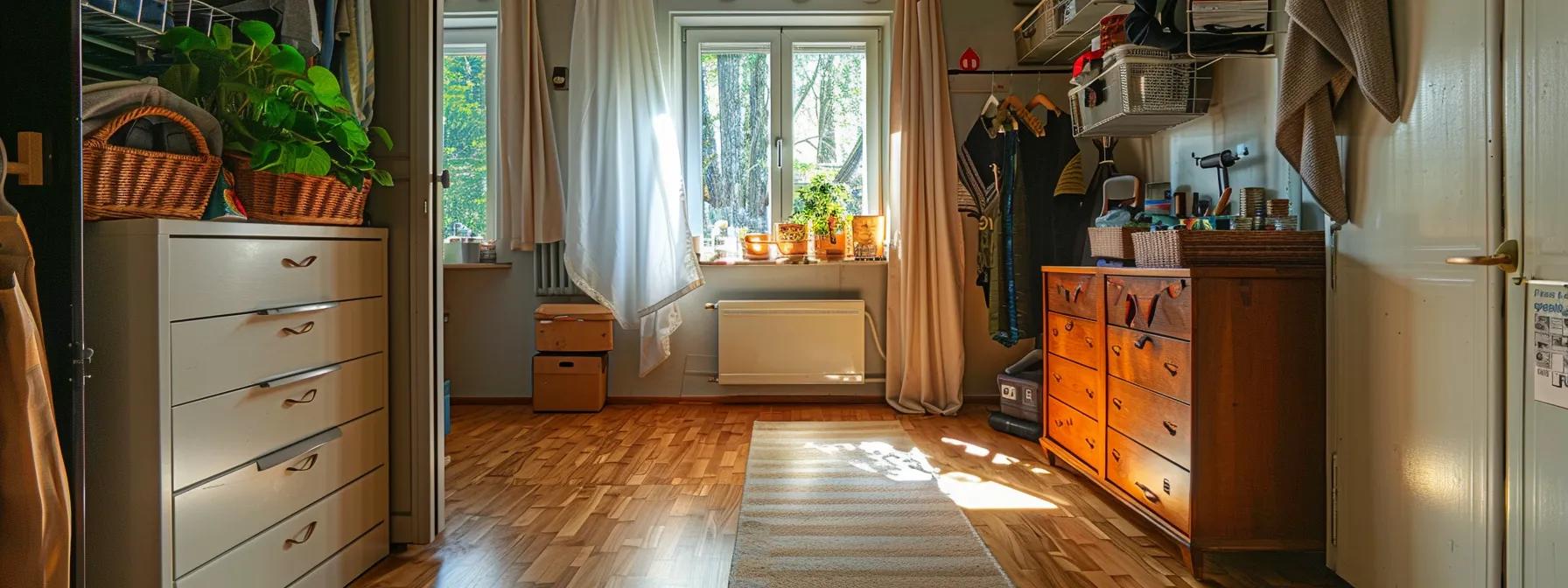 an organized and well-lit home interior showcases a clear pathway to a furnace installation site, emphasizing the importance of preparation with neatly stored items and streamlined access for technicians.
