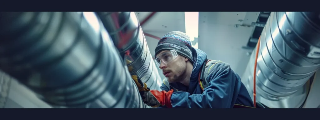 A technician in a casual work attire cleaning air duct system of a home