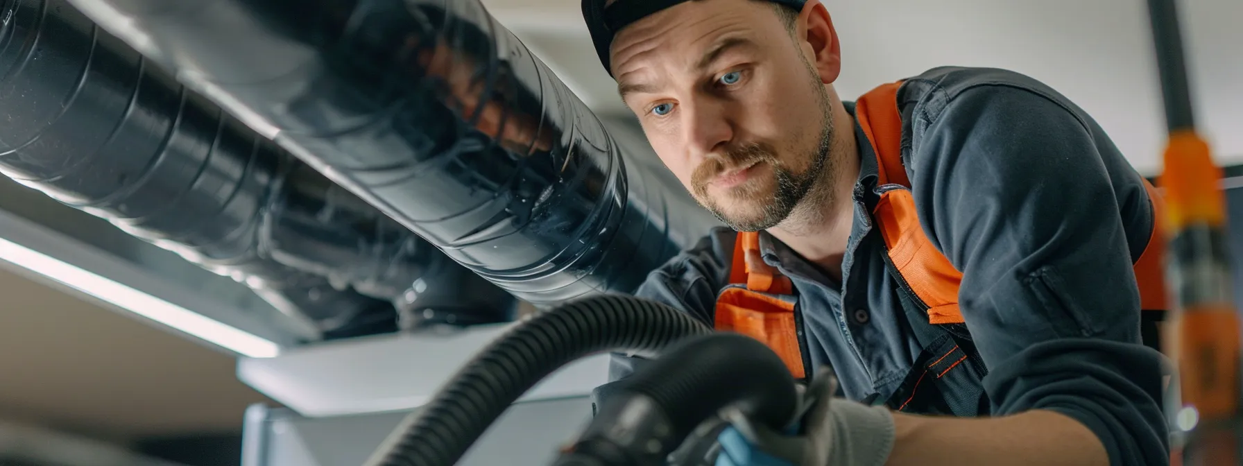 A technician in a casual work attire uses a vacuum to clean home air ducts