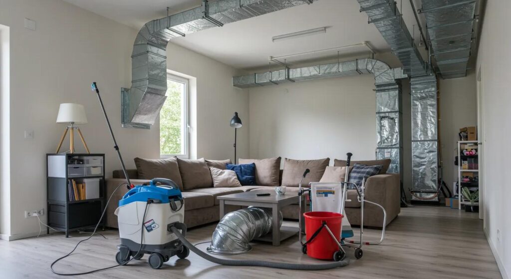 a pristine, organized living room with furniture pushed aside, showcasing exposed ductwork and cleaning equipment ready for a professional duct cleaning service.