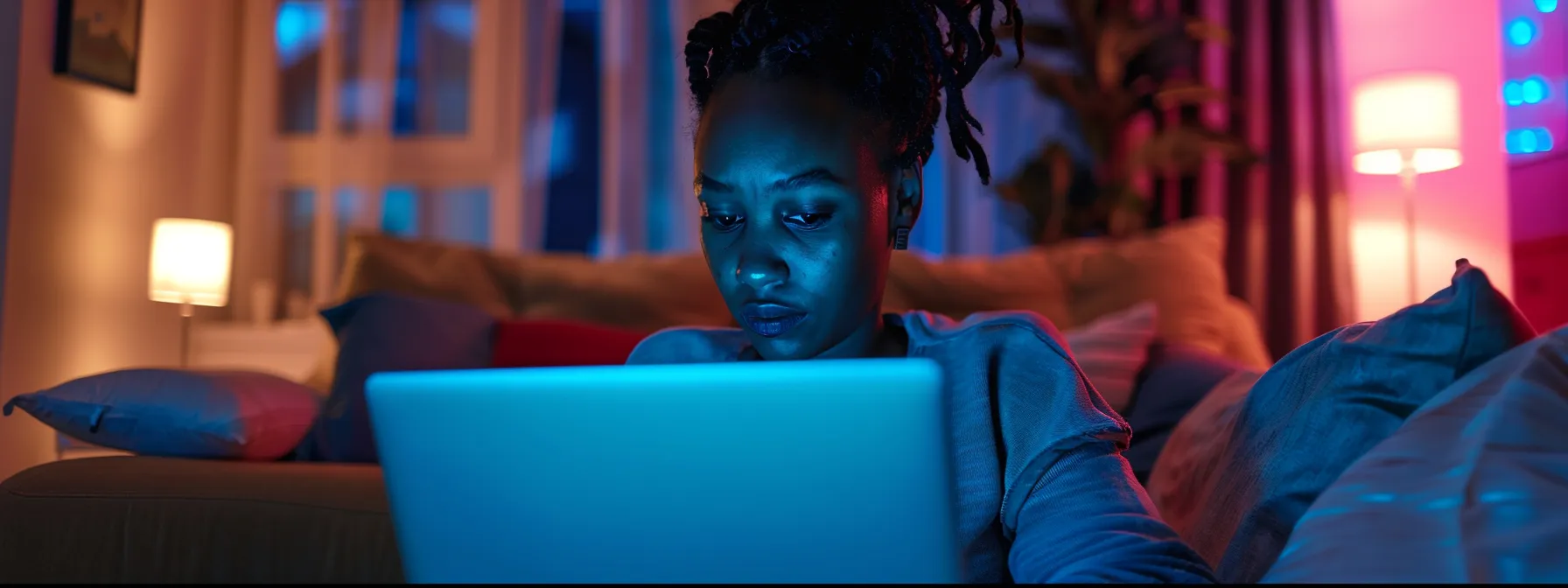 woman scrolling on laptop inside a home