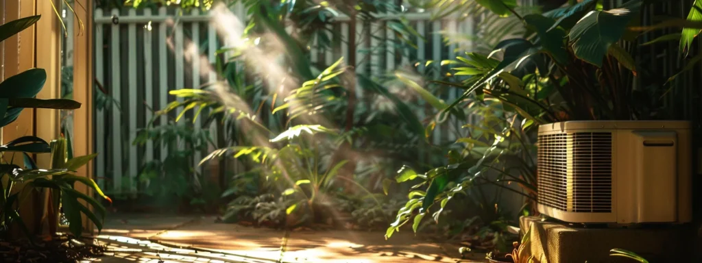 sunlight streams through a well-maintained air conditioning unit in a lush, green savannah garden.