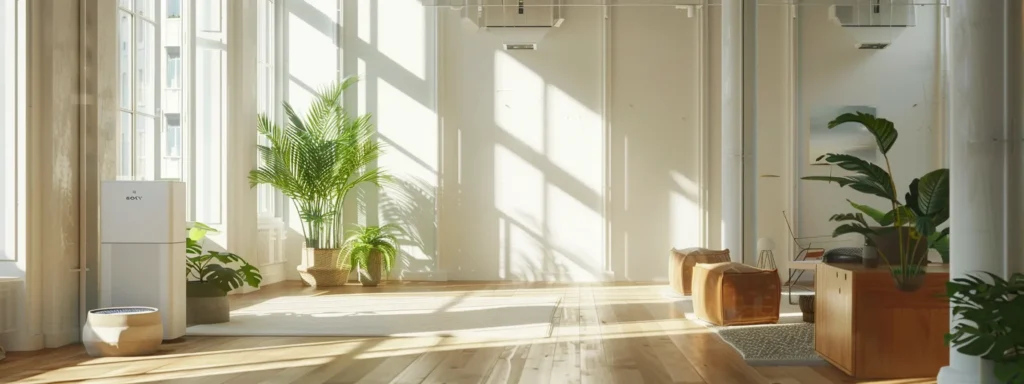 Bright, clean indoor space with open windows, and a person using an air purifier