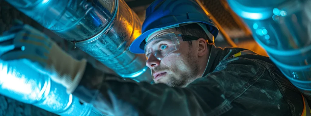 A technician in casual work attire cleaning a home air duct with specialized tools