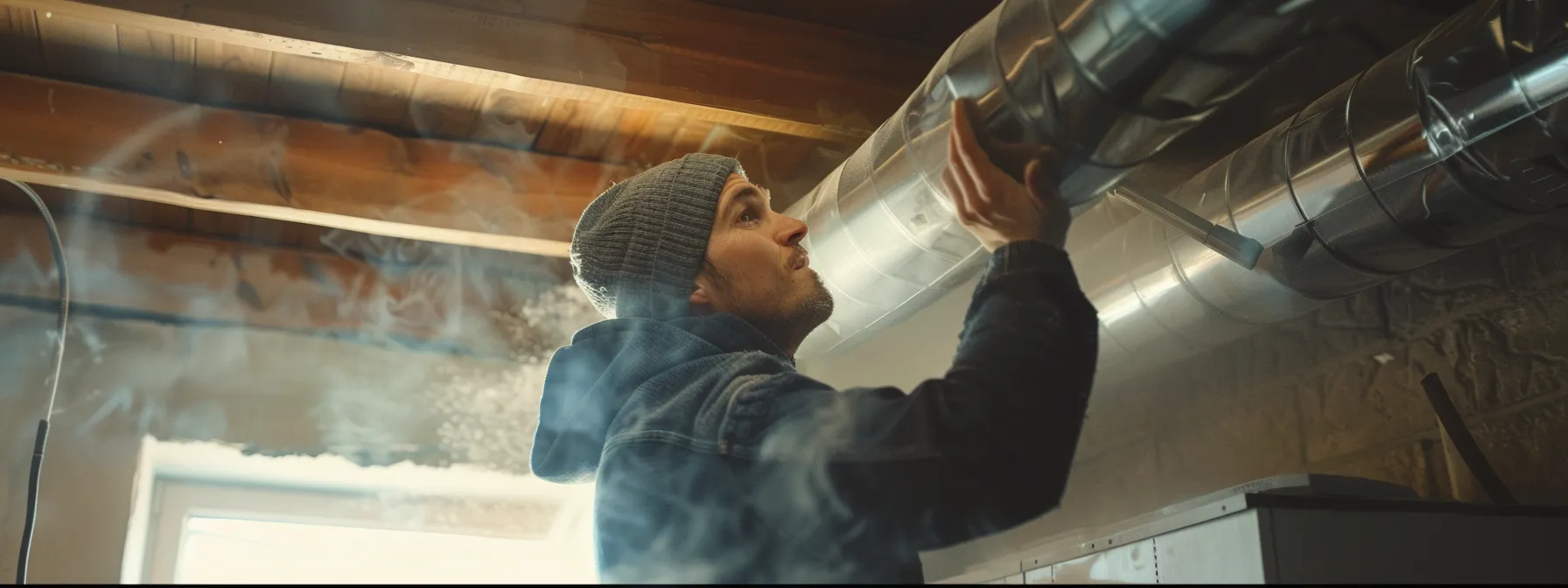 technician in a casual work attire cleaning air ducts in a home, with visible dust and debris being removed.