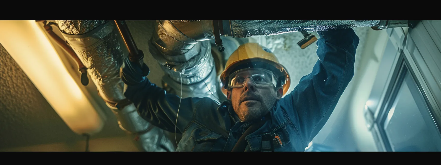 technician in a casual work attire cleaning air ducts in a home