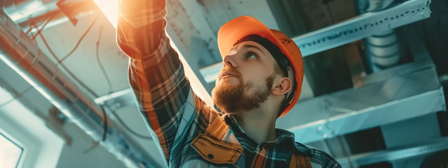 A technician in casual work attire cleaning an air duct