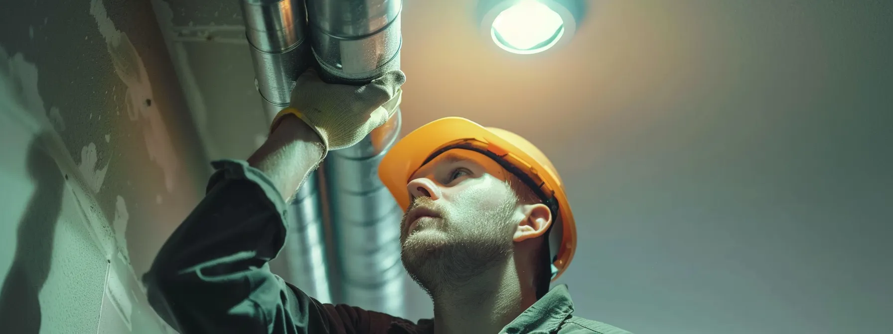 A technician in casual work attire inspecting a home air duct